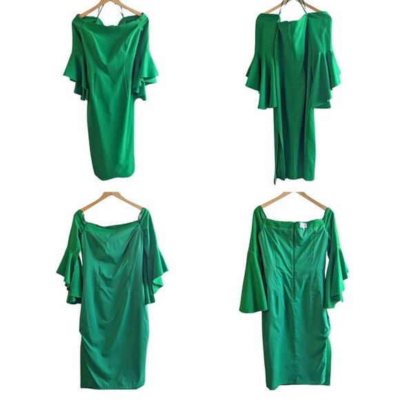 Viral MILLY Selena in Rare Kelly Green Off Shoulder Bell Sleeve Slit Dress - Picture 5 of 10
